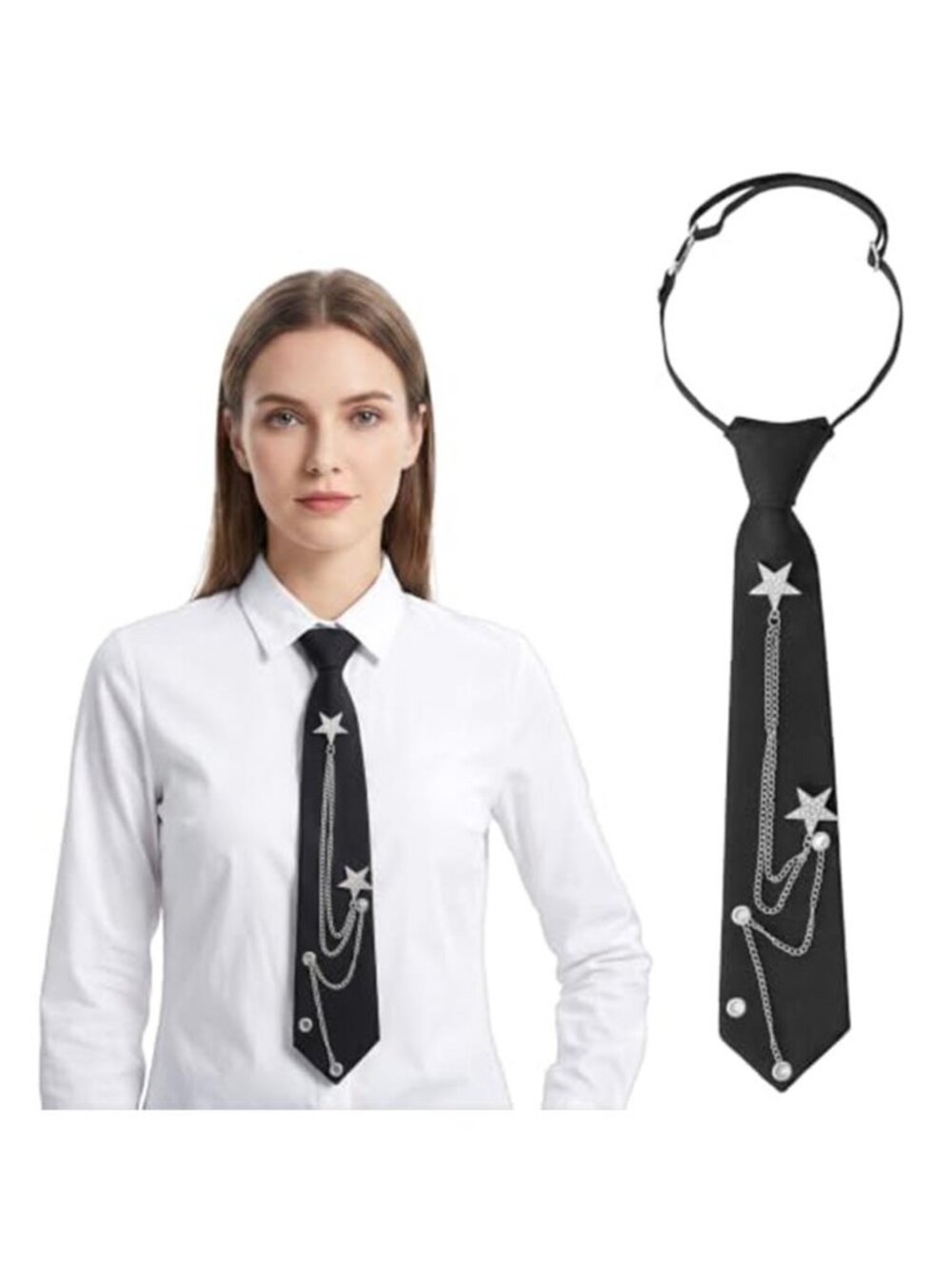 Pre-Tied Clip on Tie for Women with Metal Chain